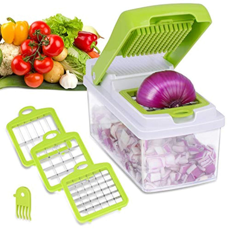 AdorioPower Vegetable Chopper, Kitchen Veggie Fruit Dicer Slicer, Food Cutter with 3 Interchangeable Blades Set, Food Container and Cleaning Brush for Onion, Potato and More - No-Mess Kitchen Gadgets