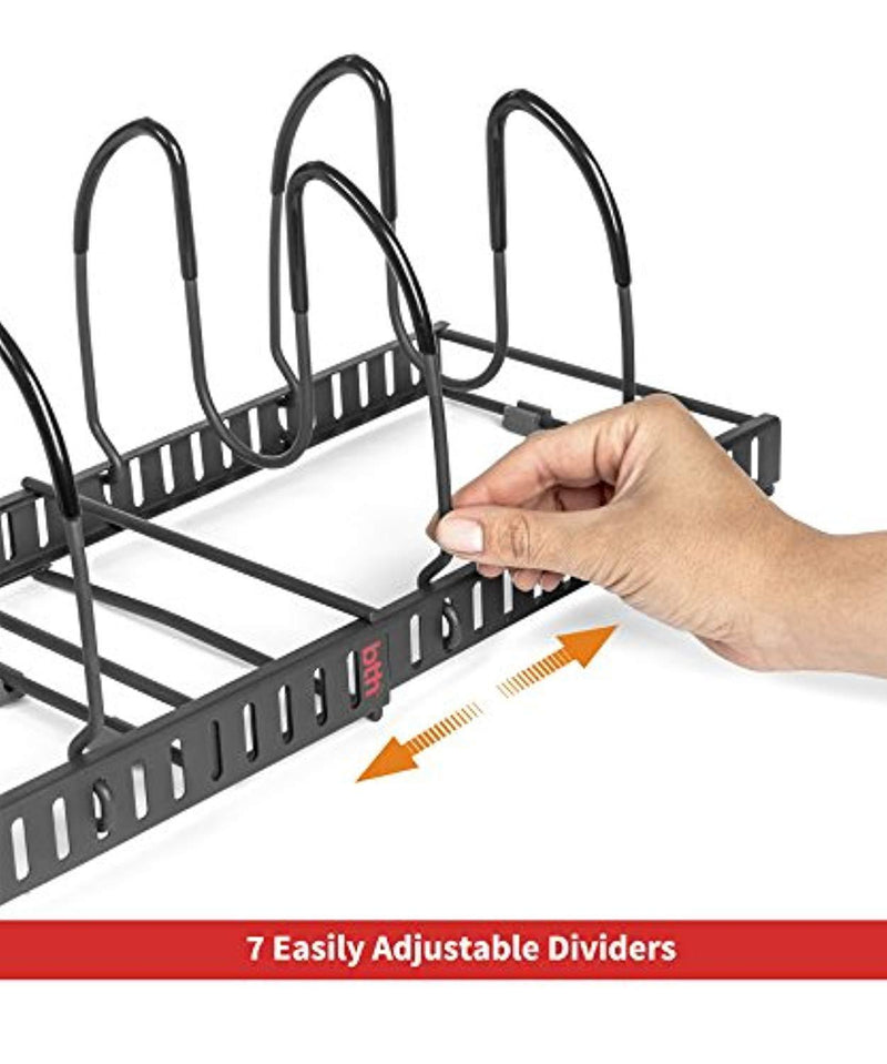 7+ Pans - BetterThingsHome Expandable Pan Organizer Rack: Can Be Extended to 22.25", Total 7 Adjustable Compartments, Pantry Cupboard Bakeware Lid Plate Holder