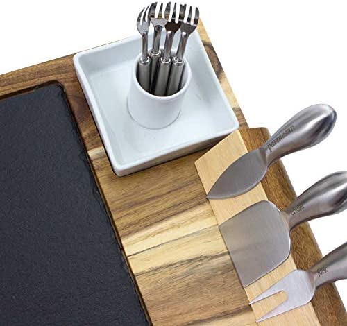 Home Perspective Slate Cheese Board Set, 10 Piece Set Includes 4 Stainless Steel Cheese Tools, Premium Acacia Serving Tray with Slate Board, and Porcelain Olive Dish