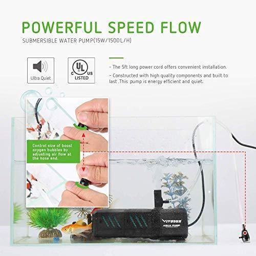 VIVOSUN 800GPH Submersible Pump(3000L/H, 24W), Ultra Quiet Water Pump with 10ft High Lift, Fountain Pump with 5ft Power Cord, 3 Nozzles for Fish Tank, Pond, Aquarium, Statuary, Hydroponics