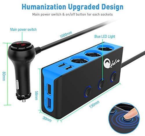 3-Socket Cigarette Lighter Quick Charge 3.0, Qidoe 120W 12V/24V Car Splitter and Three 2.4A USB Car Charger & LED Voltmeter Power Switch for GPS, Dash Cam, Sat Nav, Phone, iPad, Tablet (Blue)