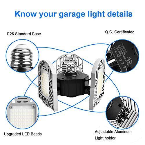 Opard LED Garage Lights 60w Deformable Garage Lighting 6000 Lumens Triple Glow Garage Ceiling Light Basement Light with 3 Adjustable Panels Shop Lights for Garage, Warehouse, Workshop (Screw Base Included)