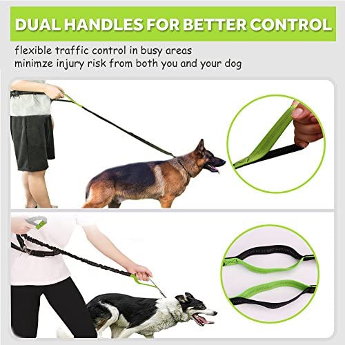 Paw Lifestyles Hands Free Dog Leash for Running Walking Training Hiking, Dual-Handle Reflective Bungee, Poop Bag Dispenser Pouch, Adjustable Waist Belt, Shock Absorbing, Ideal for Medium to Large Dogs