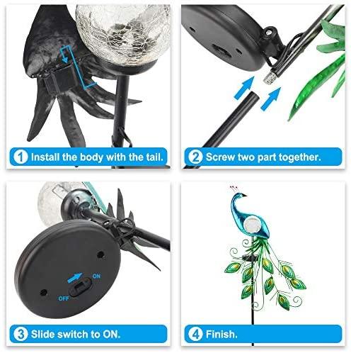 ATHLERIA Garden Solar Lights Stake, Metal Peacock Decor Solar Garden Lights Solar Peacock Stake for Outdoor Patio Yard Decorations (Blue Lampshade)