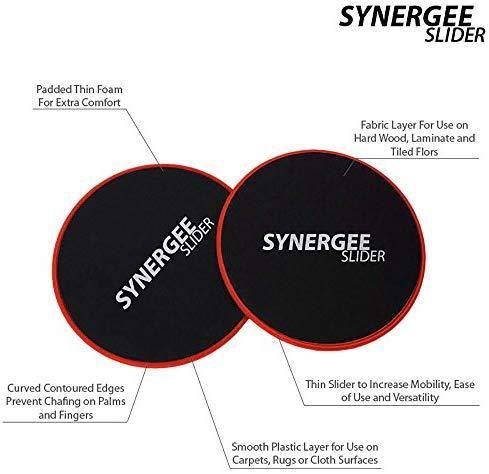 Synergee Core Sliders. Dual Sided Use on Carpet or Hardwood Floors. Abdominal Exercise Equipment