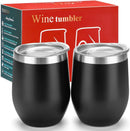 12 oz Double-Insulated Stemless Glass, Stainless Steel Tumbler Cup with Lids for Wine, Coffee, Drinks, Champagne, Cocktails, 2 Sets (Black)