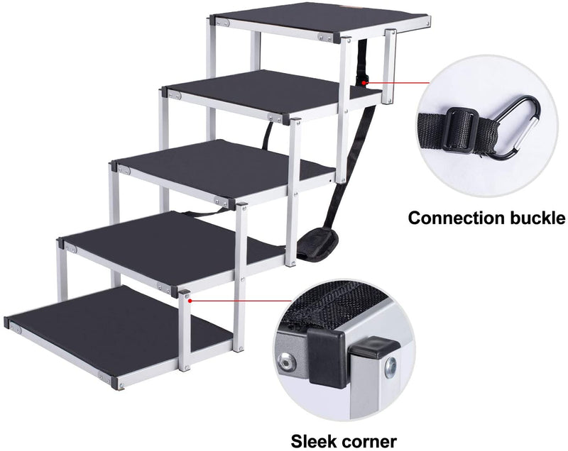 Niubya Folding Car Dog Steps Stairs, Lightweight Aluminum Portable 5 Step Pet Ladder Ramp for Medium and Large Dogs to Get into Car, Truck, SUV and High Bed, Supports 150-200 lbs