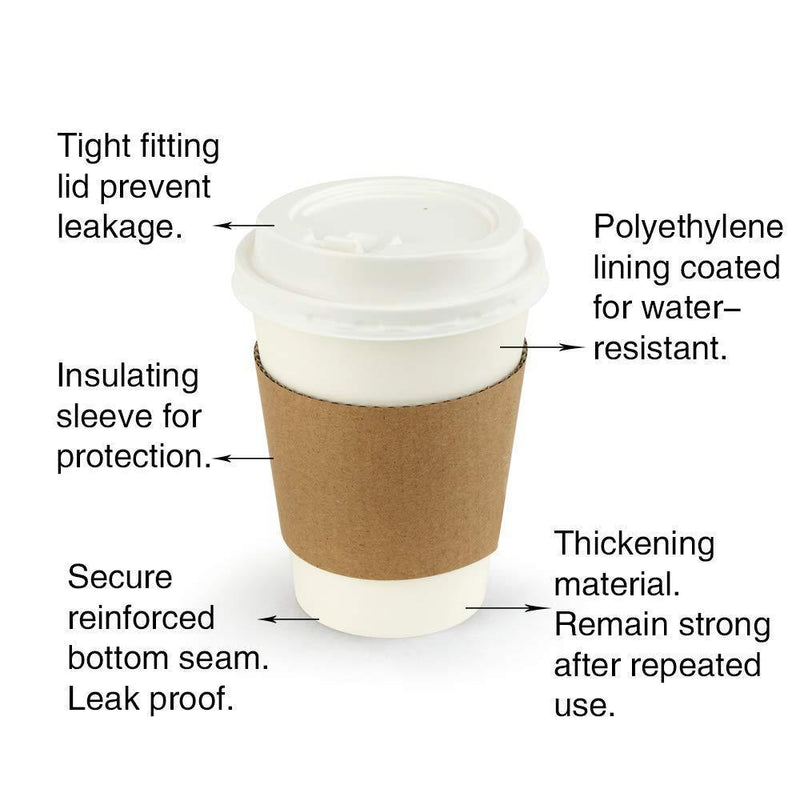 100 Pack 12 oz Disposable Hot Paper Coffee Cups with Lids, Sleeves and Straws to Go - White Drink Hot Cup from Eupako