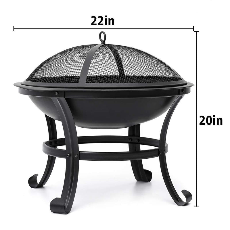 KingSo Outdoor Fire Pit 22'' Patio Fire Steel BBQ Grill Fire Pit Bowl with Mesh Spark Screen Cover, Log Grate, Poker for Camping Picnic Bonfire Patio Backyard Garden Beaches Park