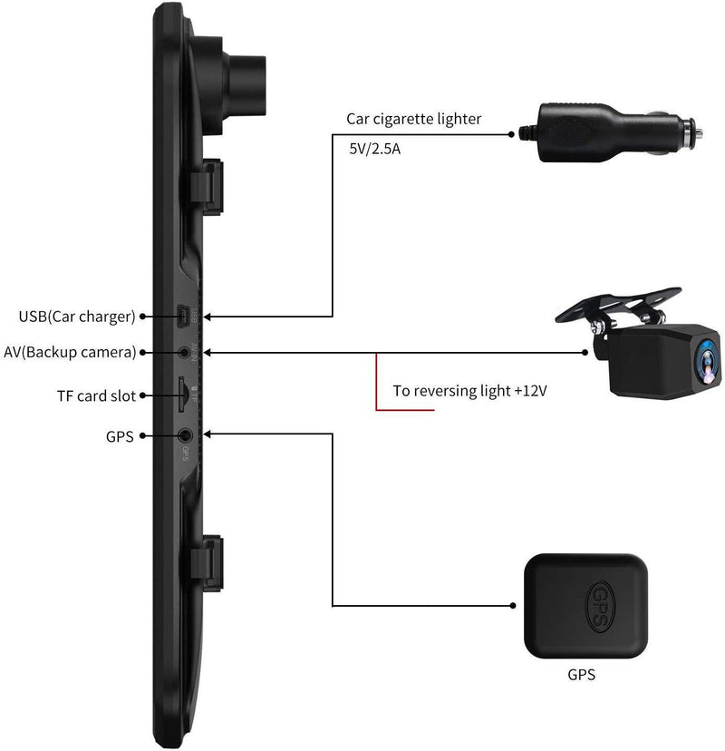 Dash Cam, DuDuBell 10" Mirror Dash Cam with Reverse Assistance, Backup Camera Dual 1080P External GPS, Front and Sony IMX323 Rear Camera with Night Vision IPS Touch Screen Wide Angle HDR+