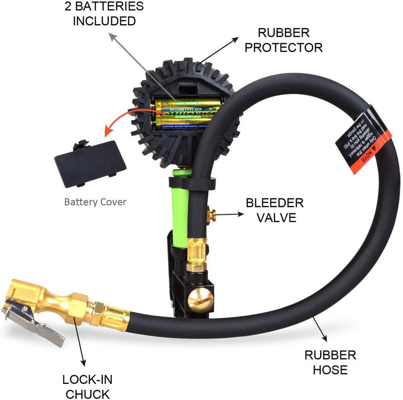 PowRyte Elite Tire Inflator with 250 PSI 0.1% High Accuracy Digital Tire Pressure Gauge and 12 Piece Accessoires Including 3 Piece Air Chucks,Green