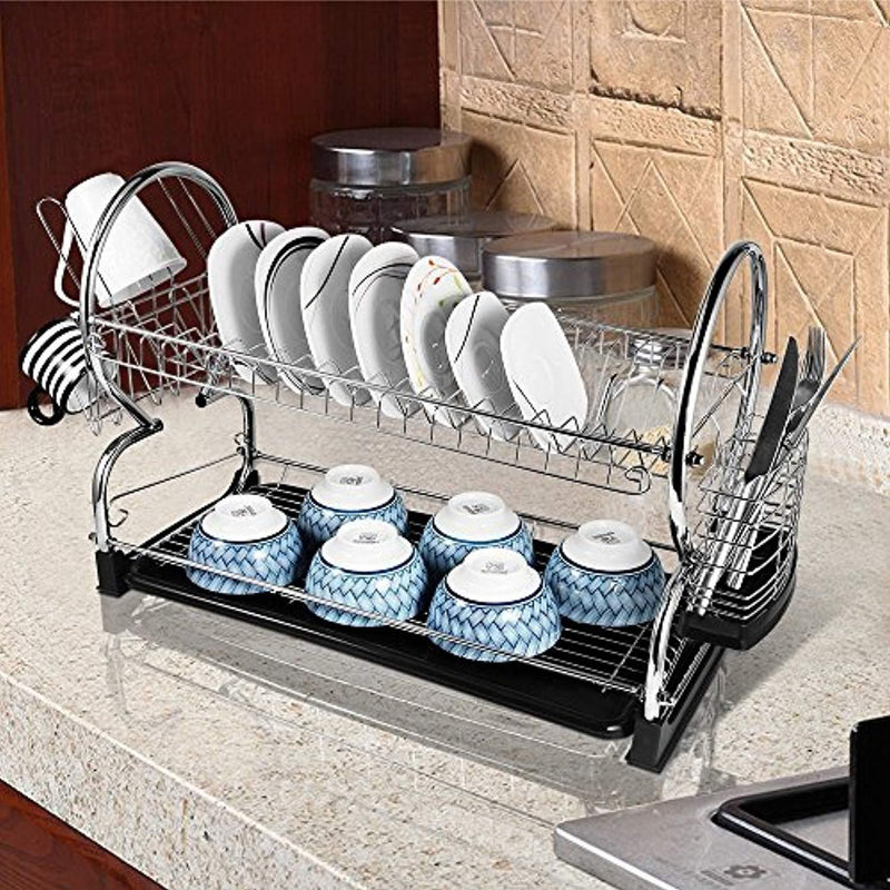 2-Tier Dish Rack and DrainBoard 22" x15 x10" Kitchen Chrome Cup Dish Drying Rack Tray Cultery Dish Drainer