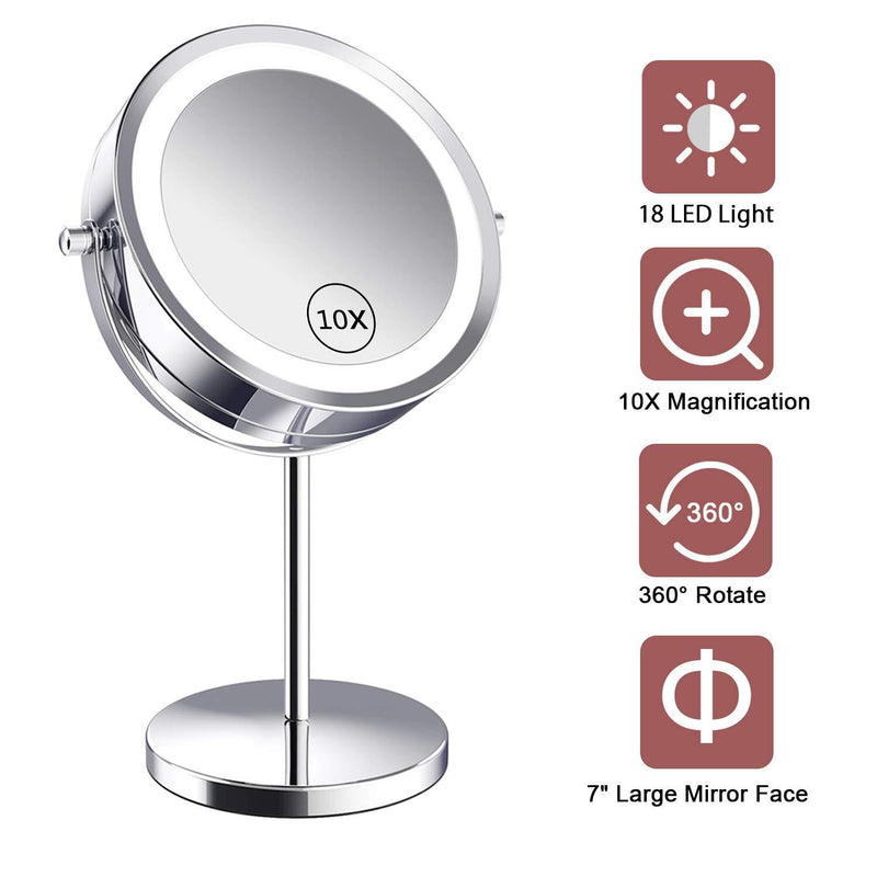 Benbilry Lighted Makeup Mirror - LED Double Sided 1x/10x Magnification Cosmetic Mirror,7 Inch Battery-Powered 360 Degree Rotation Vanity Mirror with On/Off Push-Button