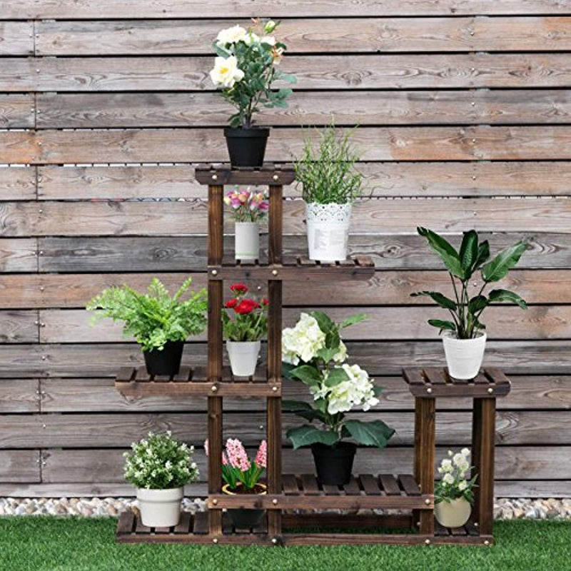 Giantex Flower Rack Plant Stand Multi Wood Shelves Bonsai Display Shelf Indoor Outdoor Yard Garden Patio Balcony Multifunctional Storage Rack Bookshelf W/Hollow-Out Rack (6 Wood Shelves 10 Pots)