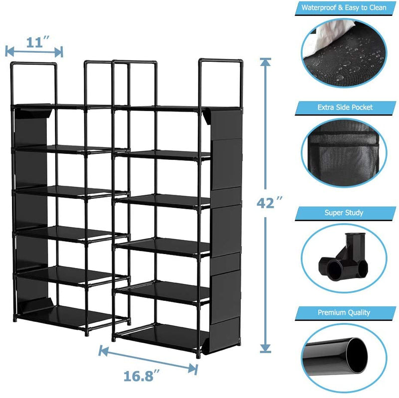 ORDORA 2 Pack 6 Tier Narrow Shoe Rack Organizer, Muti-Combinations Entryway Shoe Racks for Closets, Stackable Shoe Shelf, Free Standing Shoe Rack, 6 Side Pockets, 24-30 Pairs, Waterproof Fabric