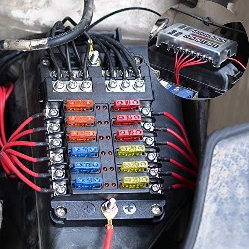 BlueFire 12 Way 30A 32V Blade Fuse Box Board with 24PCS Fuse + LED Warning Light for Car/Marine Boats/Automotive/Trike