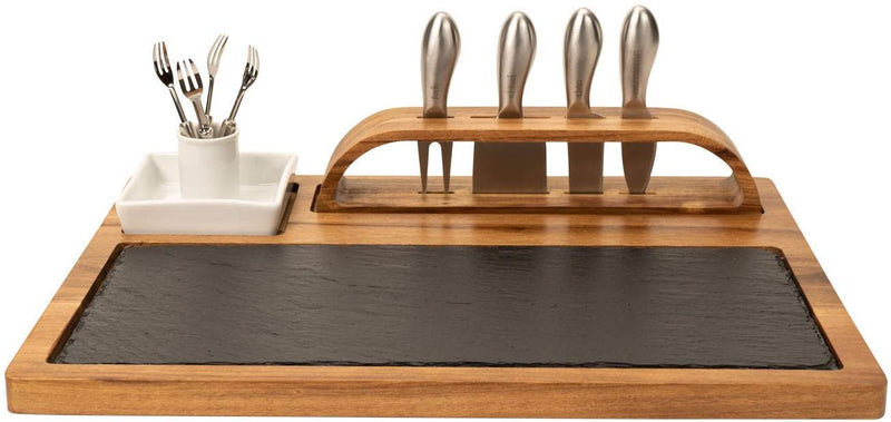 Home Perspective Slate Cheese Board Set, 10 Piece Set Includes 4 Stainless Steel Cheese Tools, Premium Acacia Serving Tray with Slate Board, and Porcelain Olive Dish