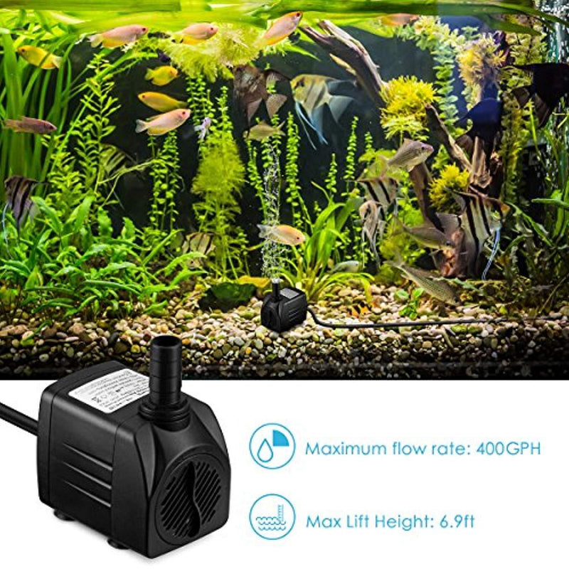 Homasy 400GPH Submersible Pump 25W Ultra Quiet Fountain Water Pump with 5.9ft Power Cord, 2 Nozzles for Aquarium, Fish Tank, Pond, Hydroponics, Statuary