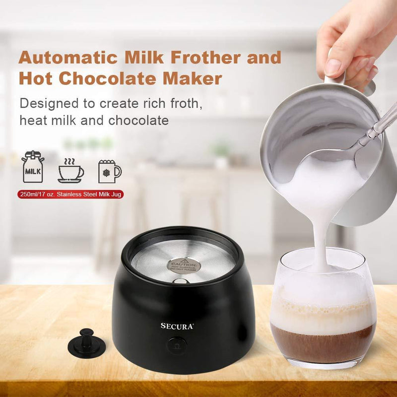 Secura 4 in 1 Electric Automatic Milk Frother and Hot Chocolate Maker Machine 8.45 oz Stainless Steel Dishwasher Safe Cordless Removable Milk Jug