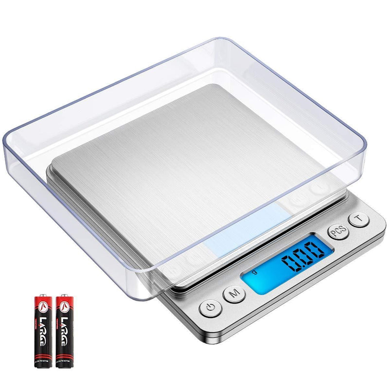 AMIR Digital Kitchen Scale, 500g/0.01g Mini Pocket Jewelry Scale, Cooking Food Scale with Backlit LCD Display, 2 Trays, 6 Units, Auto Off, Tare, PCS Function, Stainless Steel, Battery Included, Black