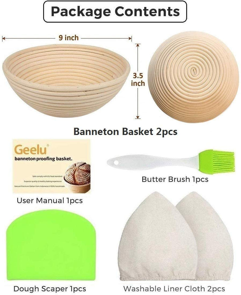 Round Bread Banneton Proofing Basket Kit Bowl Set of 2 Sourdough Natural Rattan Proofing Baskets 9 Inch with Dough Scraper Brotform Cloth Liner Basting Brush by XUANNIAO