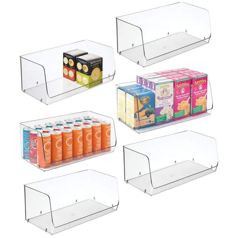 mDesign Extra Large Household Stackable Plastic Food Storage Organizer Bin Basket with Wide Open Front for Kitchen Cabinets, Pantry, Offices, Closets, Bedrooms, Bathrooms - 15" Wide, 6 Pack - Clear