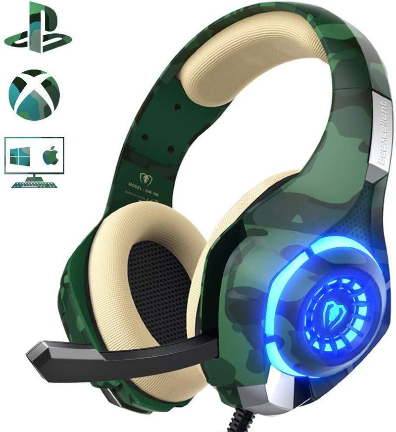 PS4 Gaming Headset with mic, Beexcellent Xbox One Headset with Stereo Sound Noise Isolation Memory Foam LED Light for PC Laptop Tablet