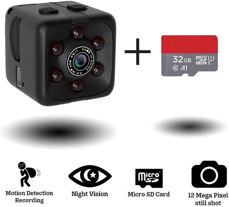 Mini Hidden Spy Camera Portable Small 1080P Wireless Cam with Night Vision and Motion Detection for Nanny/Housekeeper, Security Sports Camera (Black（with 32GB Card）)