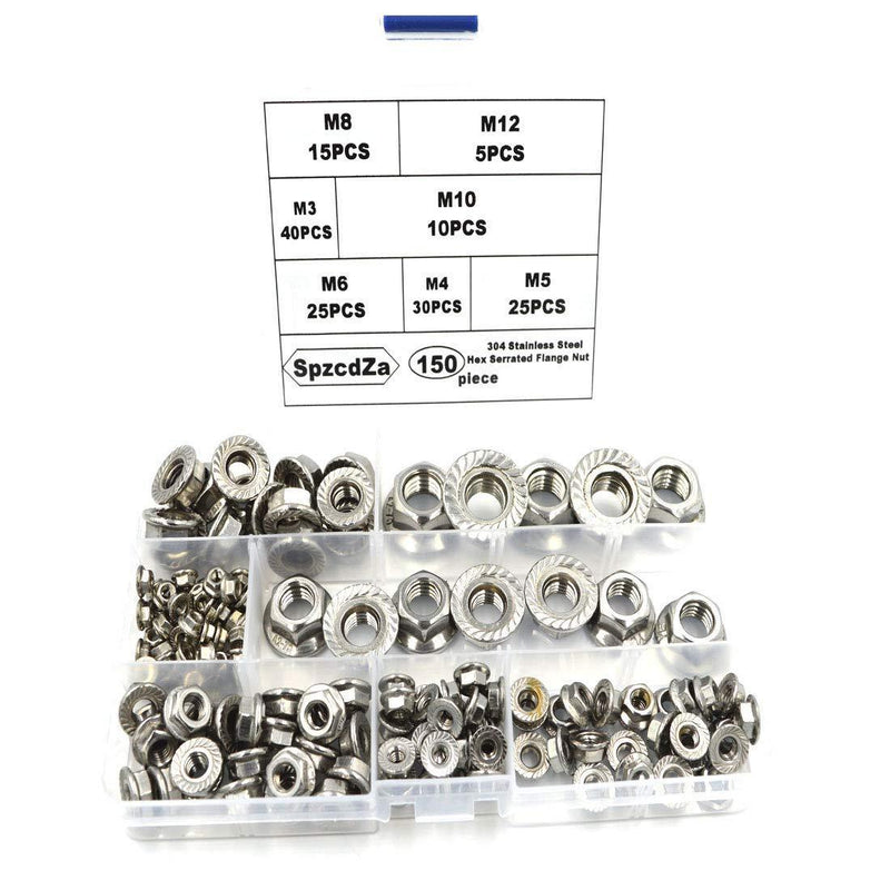 SpzcdZa 150pcs 304 Stainless Steel Serrated Hex Flange Nuts Flange Metric Hex Lock Nuts Assortment Kit (M3 M4 M5 M6 M8 M10 M12)