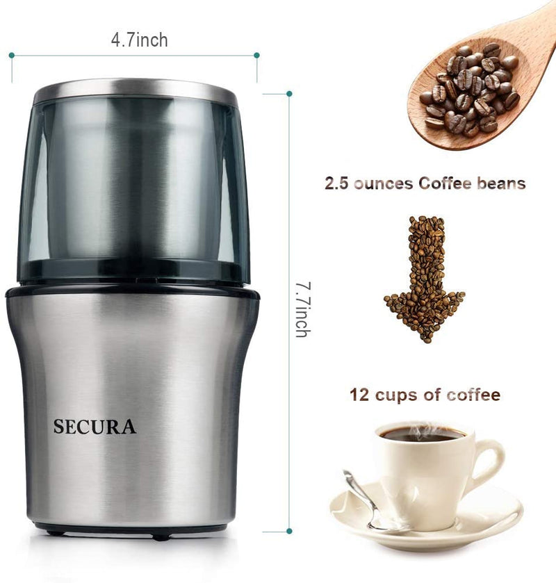 Secura Electric Coffee Grinder and Spice Grinder with 2 Stainless Steel Blades Removable Bowls