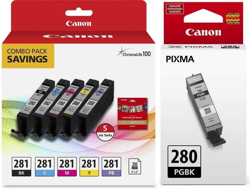 Genuine Canon CLI-281 5-Color Ink Tank Combo Pack with 5 x 5 Photo Paper (2091C006) + Canon PGI-280 Pigment Black Ink Tank (2075C001)