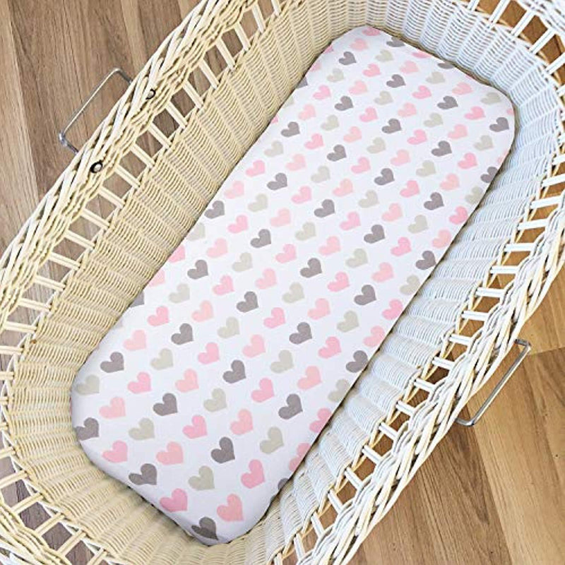 Momcozy Universal Bassinet Sheets Set 2 Pack for Girls, Soft & Breathable 100% Cotton, Fitted Elastic Design, Pink Heart & Arrows, Fits Oval Halo, Chicco Lullago, Arms Reach, Ingenuity