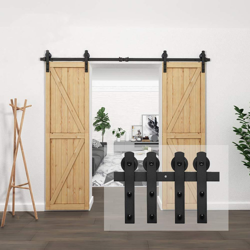 HomLux 8ft Heavy Duty Sturdy Sliding Barn Door Hardware Kit, Double Door-Smoothly and Quietly, Easy to Install and Reusable - Fit 1 3/8-1 3/4" Thickness & 24" Wide Door Panel, Black(I Shape Hanger)