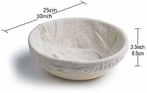 Banneton Bread Proofing Basket 8.5 inch Round Natural Rattan Cane Brotform with Linen Liner 2 Pack+ One Rubber Scraper+ One Silicone BBQ Brush by XUANNIAO