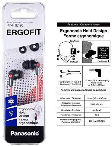 Panasonic ErgoFit In-Ear Earbud Headphones RP-HJE120-K (Black) Dynamic Crystal Clear Sound, Ergonomic Comfort-Fit