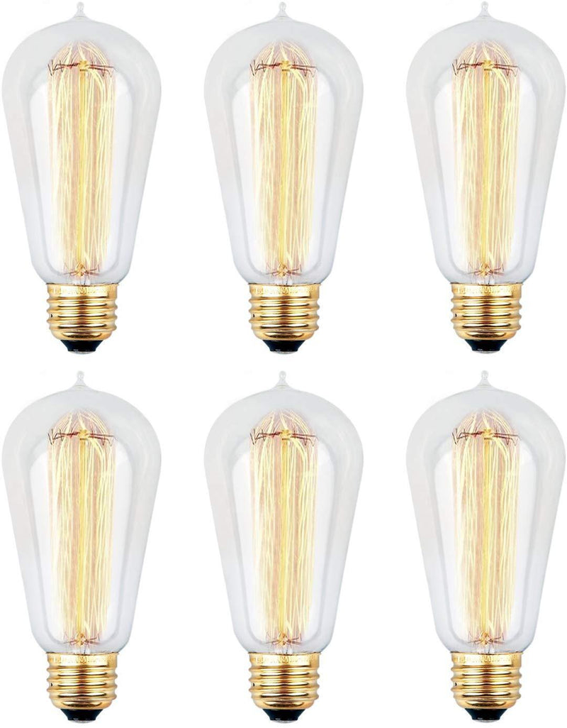 6pcs Edison Bulbs, KinHom 60 Watt Dimmable Vintage Incandescent Light Bulb - E26 Base - Clear Glass - Tear Drop Top - Classic Squirrel Cage Filament Lamp - ST58