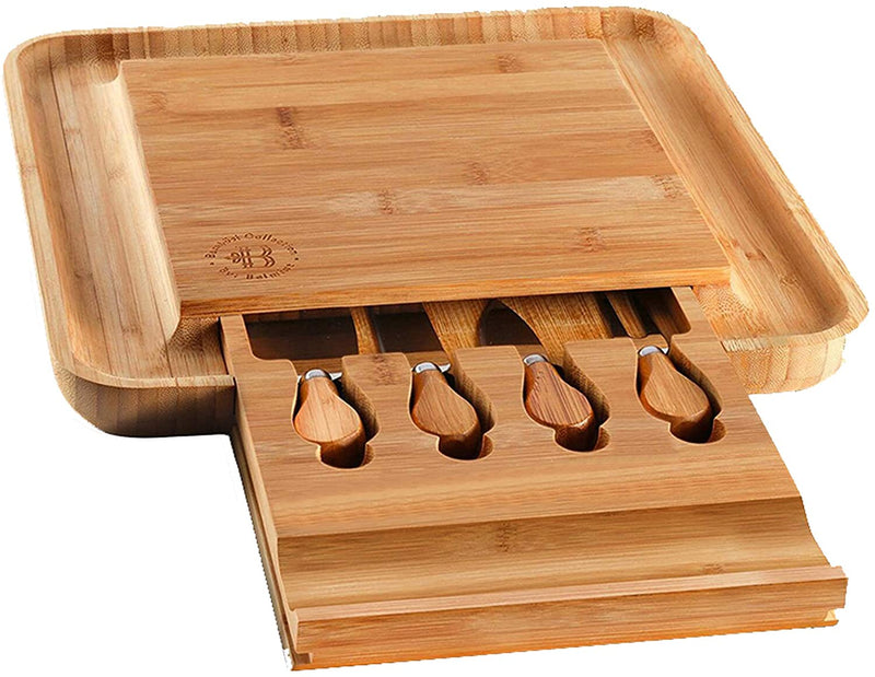 Home Perspective Cheese Board and Knife Set - 100% Organic Bamboo Wood Charcuterie Platter Serving Tray with Cutlery - Perfect for Birthday, Housewarming & Wedding Gifts