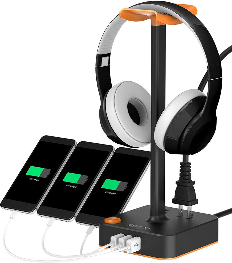 Headphone Stand with USB Charger COZOO Desktop Gaming Headset Holder Hanger with 3 USB Charger and 2 Outlets - Suitable for Gaming, DJ, Wireless Earphone Display (Black)