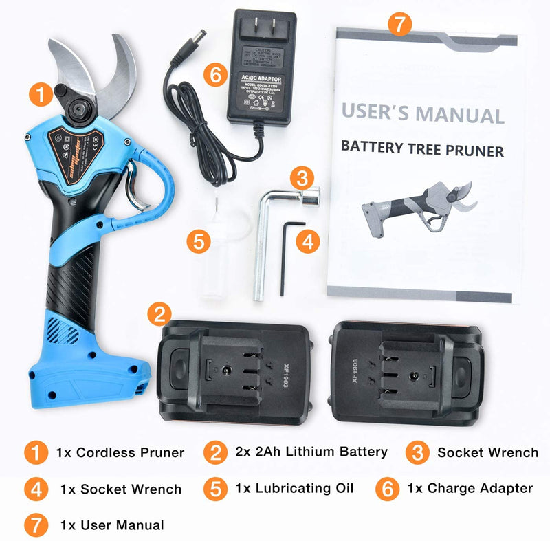 SALEM MASTER Professional Cordless Electric Pruning Shears with 2 Pack Backup Rechargeable 2Ah Lithium Battery Powered Tree Branch Pruner, 32mm (1.25 Inch) Cutting Diameter, 8 Working Hours Blue