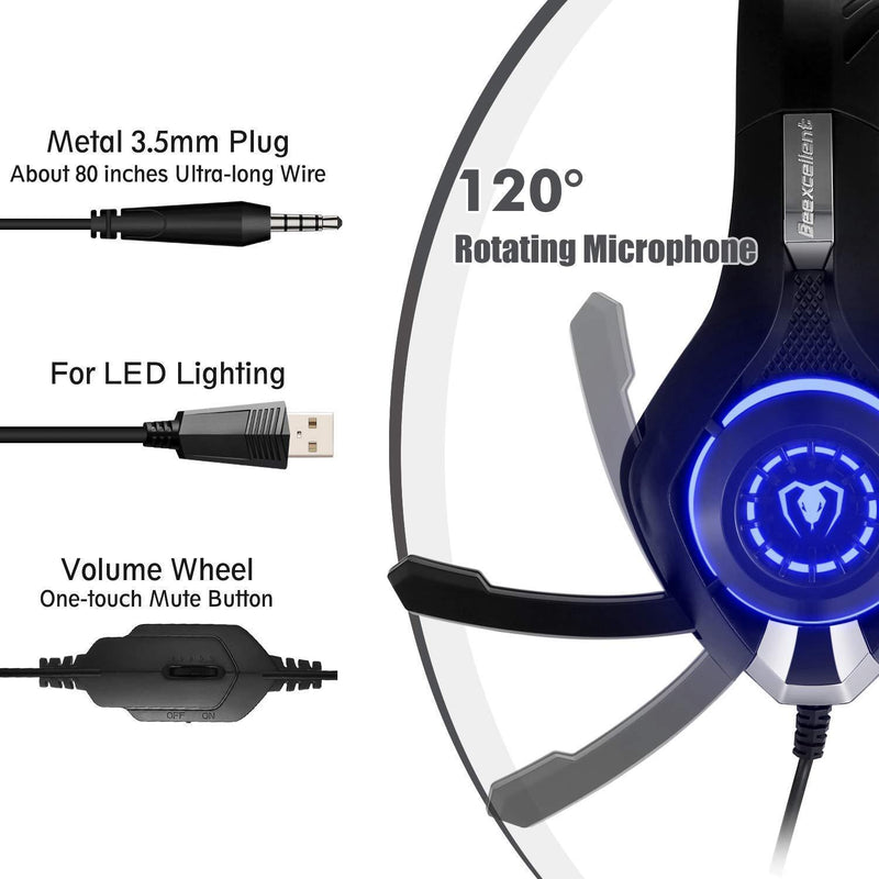 Beexcellent Gaming Headset for PS4 Xbox One PC Mac Controller Gaming Headphone with Crystal Stereo Bass Surround Sound, LED Light & Noise-Isolation Microphone