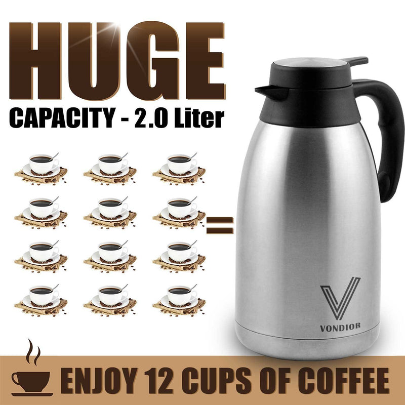 Coffee Carafe (68 Oz) + Free Brush - Keep water hot up to 12 Hours, stainless steel thermos carafes, double walled Large Insulated Vacuum flask, Beverage Dispenser By Vondior