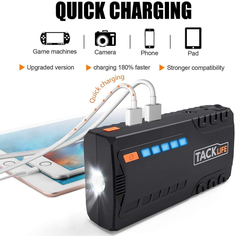 TACKLIFE T6 800A Peak 18000mAh Car Jump Starter (up to 7.0L Gas, 5.5L Diesel Engine) with Long Standby, Quick Charge, 12V Auto Battery Booster, Portable Power Pack for Cars, Trucks, SUV