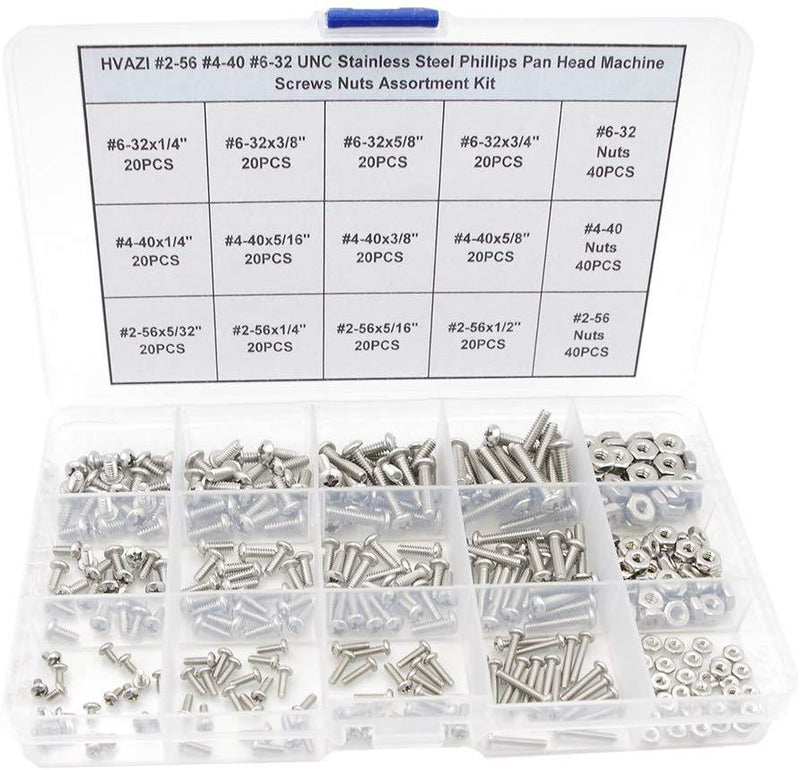 HVAZI #2-56 UNC Stainless Steel Phillips Pan Head Machine Screws Nuts Assortment Kit (#2-56UNC)