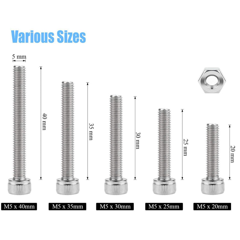 DYWISHKEY 70 Pieces M5 x 20mm/25mm/30mm/35mm/40mm Stainless Steel 304 Hex Socket Head Cap Bolts and Nuts Kit