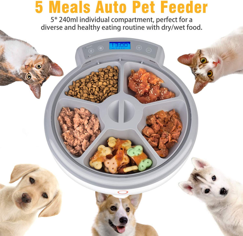 Casfuy 5-meals Automatic Cat Feeder - Auto Pet Feeder with Programmable Timer Dry and Wet Food Dispenser Voice Recorder & Speaker