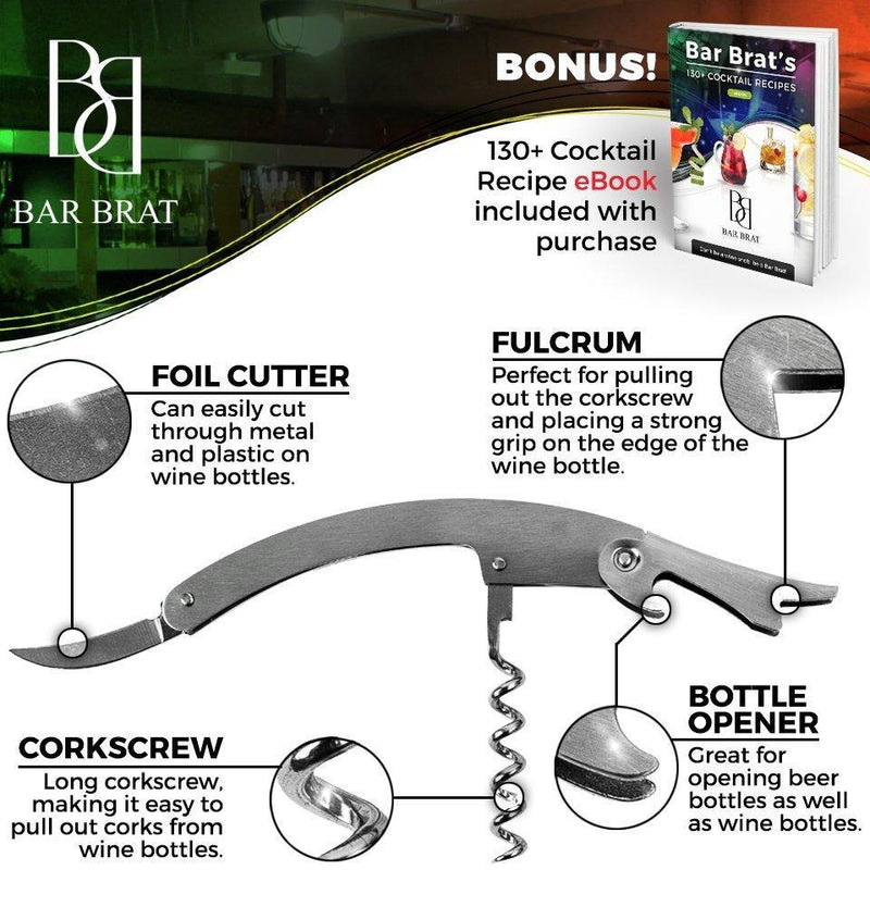 5 Piece Deluxe 24 Oz. Cocktail Shaker Bar Set by Bar Brat ™ / Bonus 130+ Cocktail Recipes (ebook) / Jigger, 2 Pour Spouts, Waiters Corkscrew/Mix Any Drink to Perfection