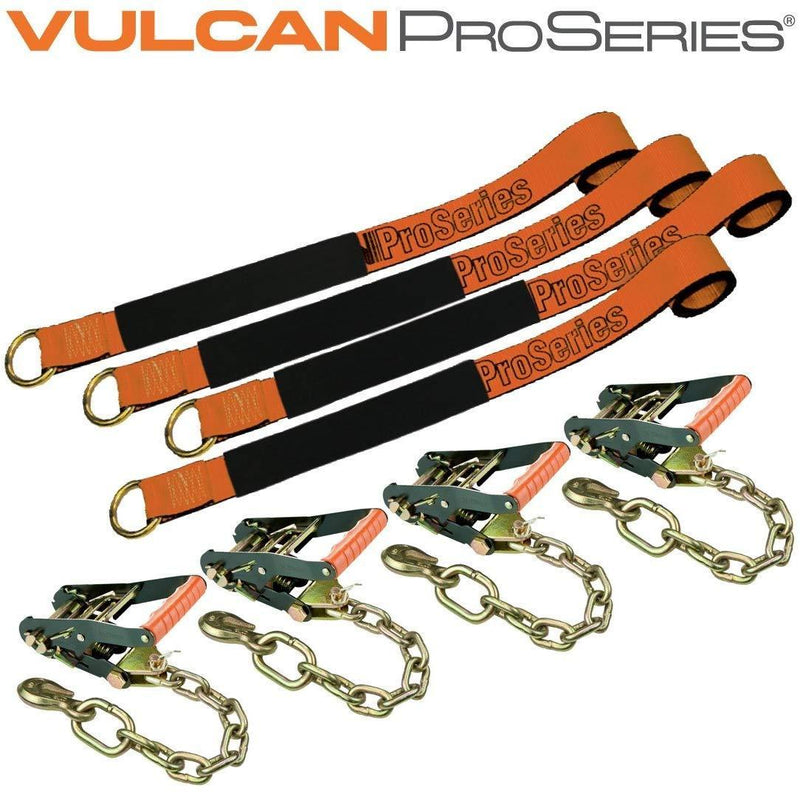 VULCAN ProSeries Orange 2 Inch x 96 Inch Lasso Auto Tie Down with Chain Anchors - 3300 lbs. Safe Working Load, 4 Pack - Easily Trailer Any Car, Truck, SUV, Jeep, Or Sportscar