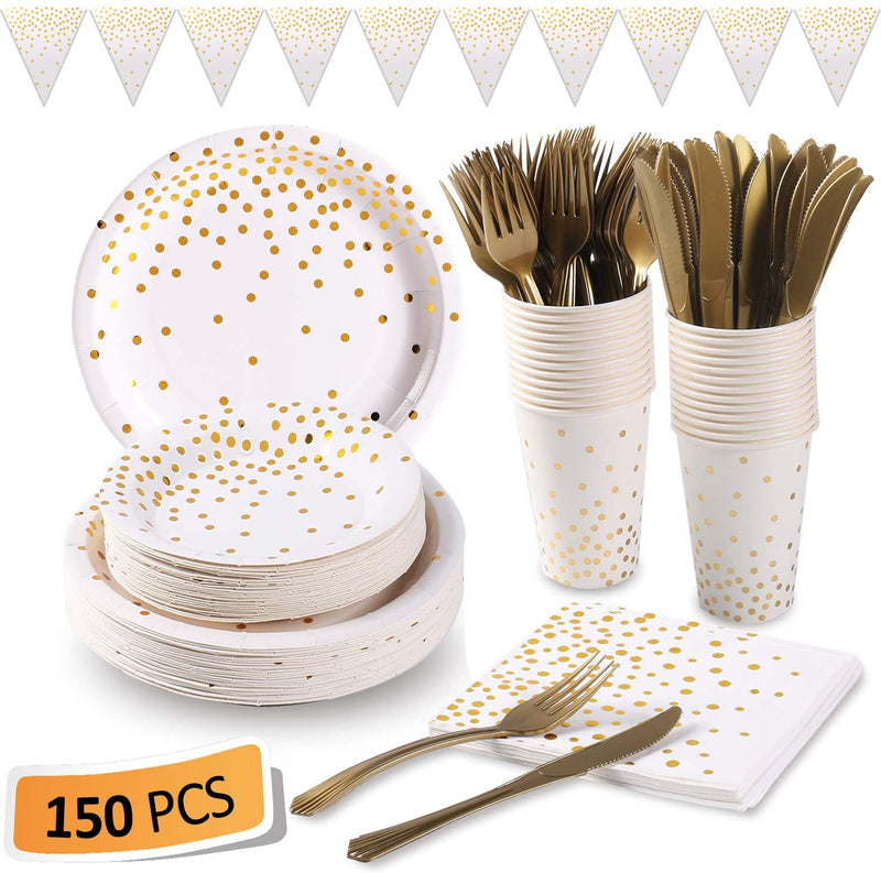 Duocute White and Gold Party Supplies 150Pcs Golden Dot Disposable Party Dinnerware Includes Paper Plates, Napkins, Knives, Forks, 12oz Cups, Banner, for Bridal Shower, Engagement, Wedding, Serves 25