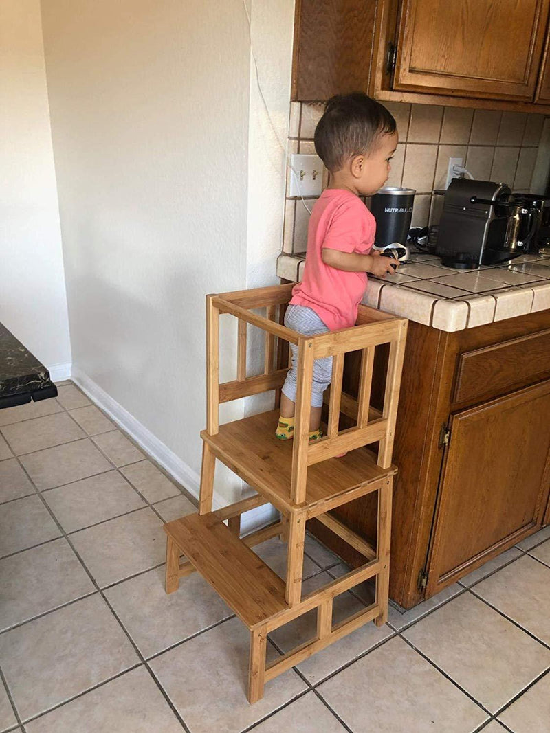 URFORESTIC Kids Kitchen Step Stool with Safety Rail - for Toddlers 18 Months and Older, Natural