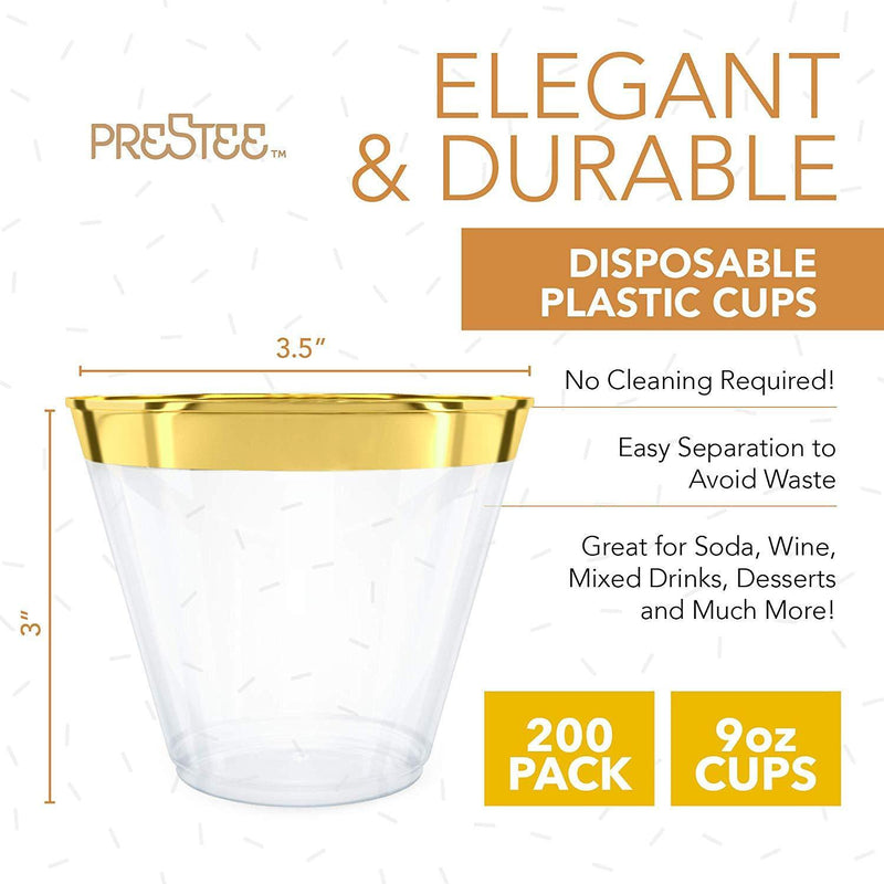 200 Gold Plastic Cups | 9 oz | Hard Disposable Cups | Plastic Wine Cups | Plastic Cocktail Glasses | Plastic Drinking Cups | Bulk Party Cups | Wedding Tumblers | Clear Plastic Cups With Gold Rim by Prestee